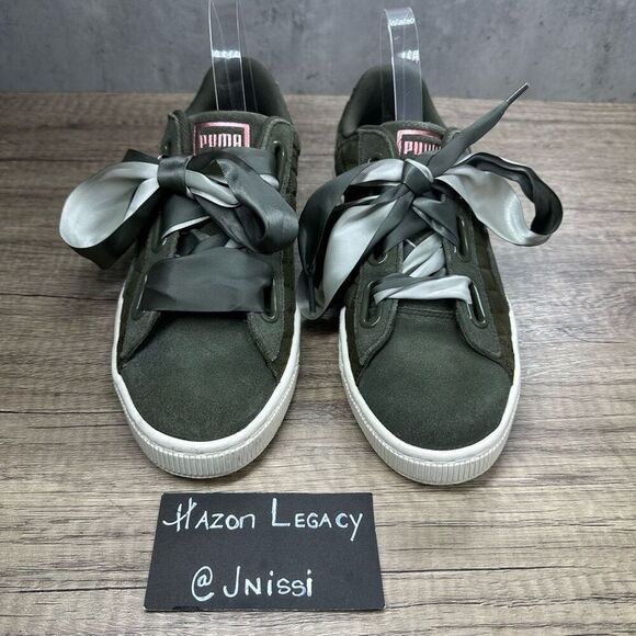 Puma~Women’s~ Olive Green Suede Basket Heart Quilted Casual Sneakers~Size 8.5 - Picture 3 of 8